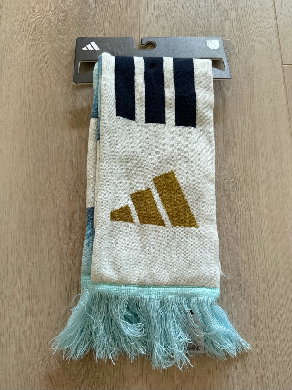 adidas Argentina Cream Scarf with Gold Logo and Light Blue Fringe